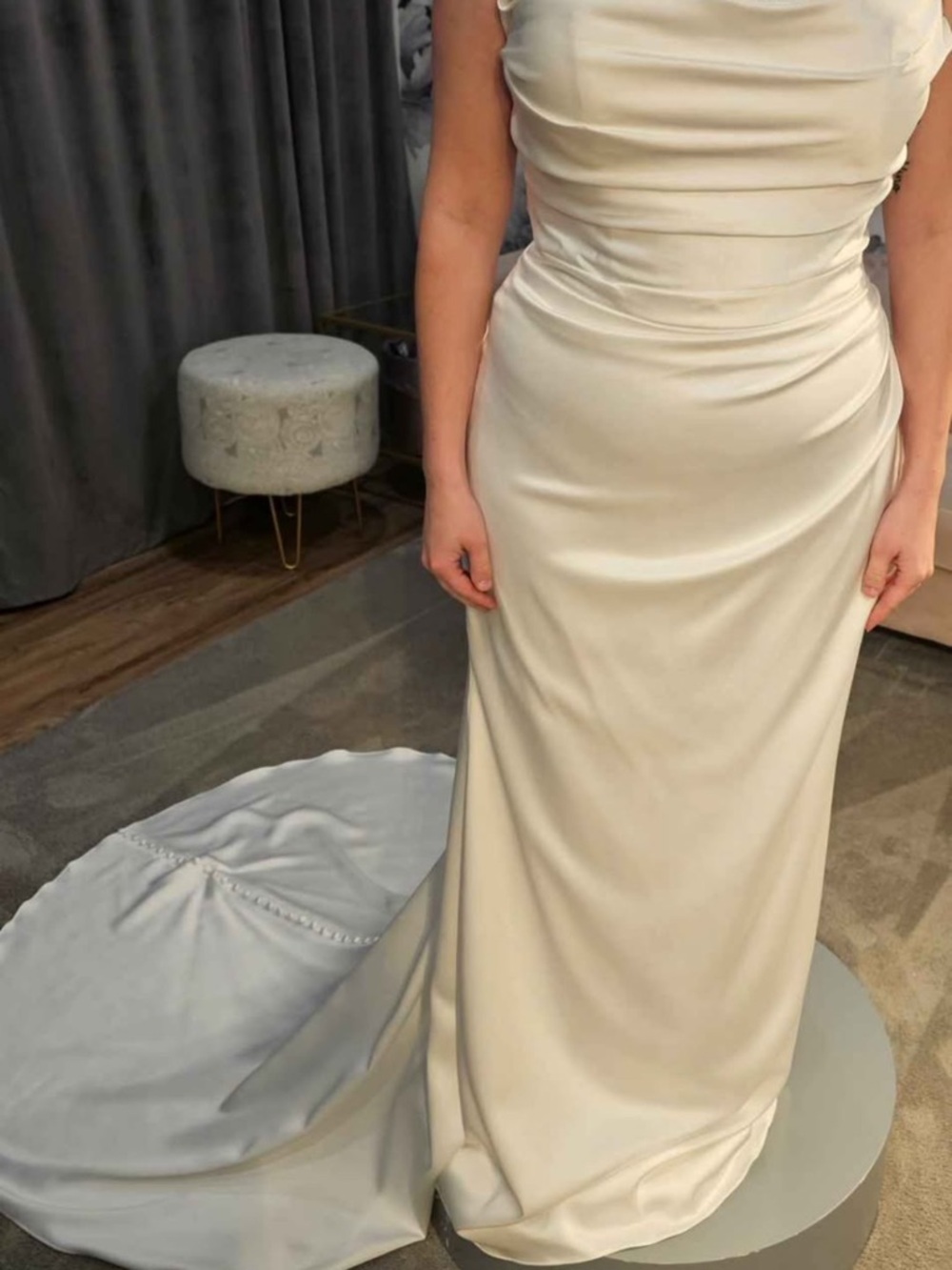 Ivory Satin Column Wedding Dress with Draped Bodice and Train